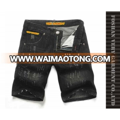 Direct factory produced free sample black ripped damaged short jeans for men